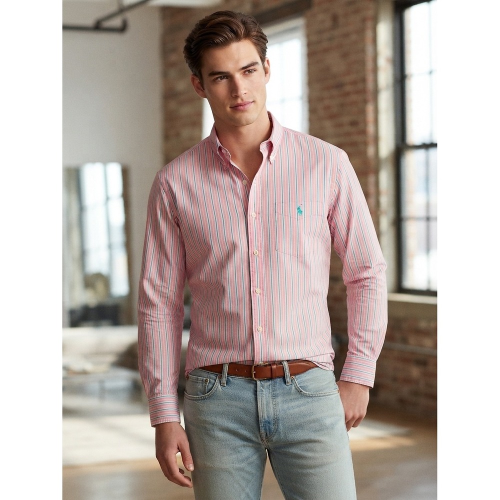 Ralph Lauren Mens Classic Fit Striped Button Down Shirt XL Pink Preppy